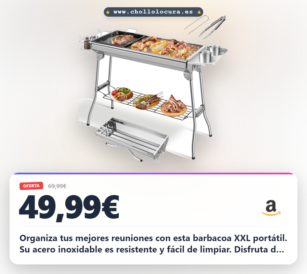 Consigue la barbacoa de carbón XXL plegable de acero inoxidable con sartén antiadherente para camping y picnic al mejor precio