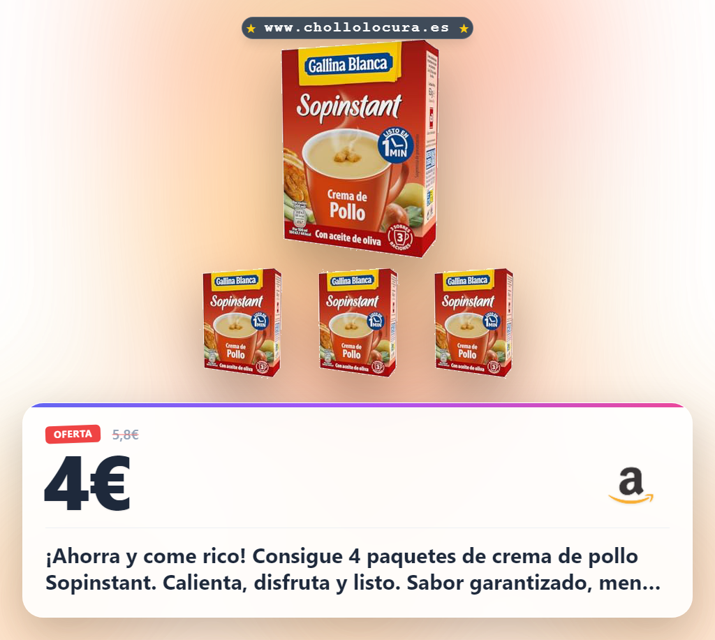 Disfruta el sabor de la Crema de Pollo Gallina Blanca Sopinstant con Picatostes. Paquete de 4 al mejor precio.