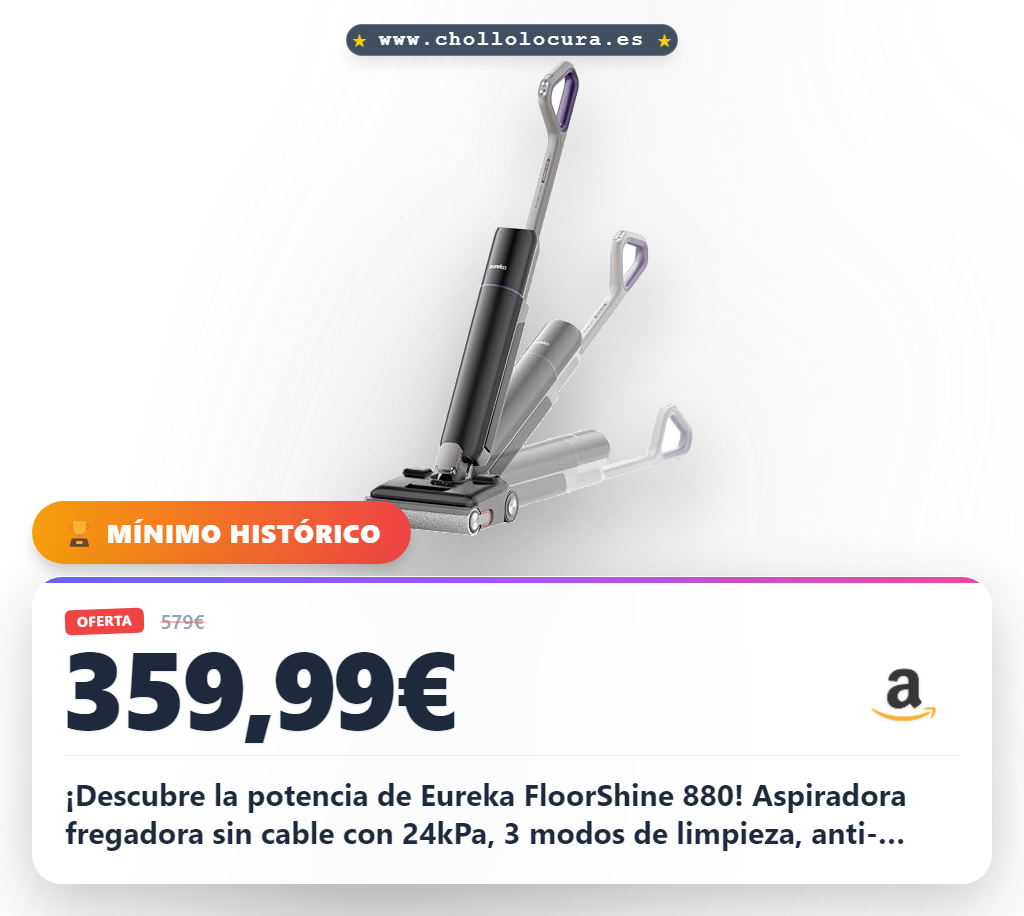 Eureka FloorShine 880 Aspiradora Fregadora sin Cable, Fregona Eléctrica 24 kPa, Aspirador Vertical en Seco y Húmedo, 100 ℃ Autolimpieza, 180° Plano, Autonomía 60 mins, Limpieza Borde, Anti-Enredos