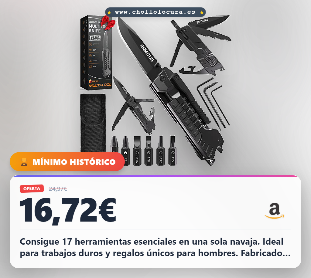 Consigue esta multiherramienta 17 en 1 con cuchillo y palillos para fuego al mejor precio de oferta