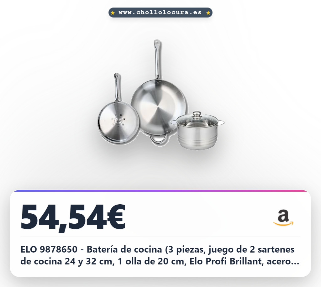 ELO 9878650 - Batería de cocina (3 piezas, juego de 2 sartenes de cocina 24 y 32 cm, 1 olla de 20 cm, Elo Profi Brillant, acero inoxidable, inducción