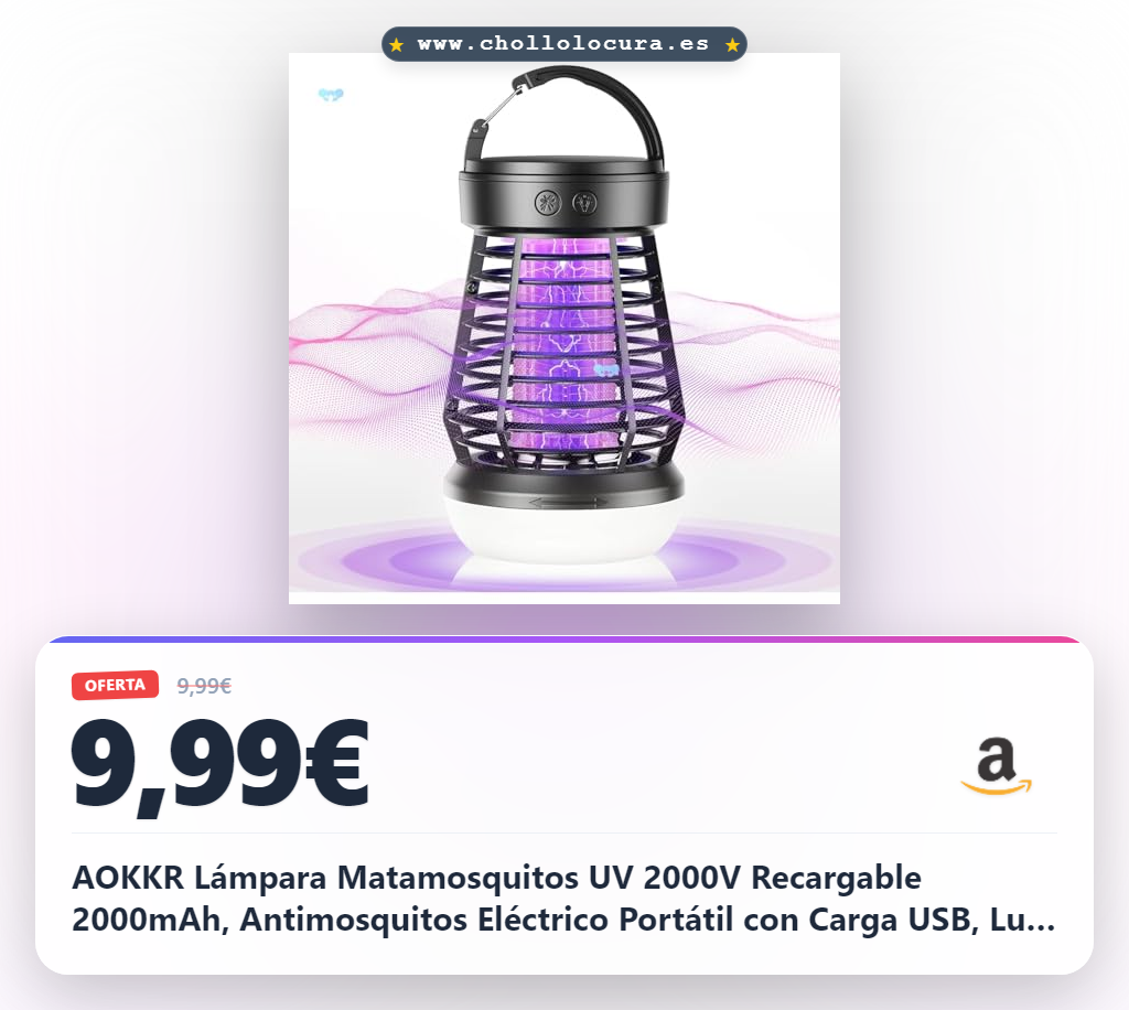 AOKKR Lámpara Matamosquitos UV 2000V Recargable 2000mAh, Antimosquitos Eléctrico Portátil con Carga USB, Luz LED Suave y SOS, Impermeable IPX4 para Camping, Jardín, Balcón y Dormitorio