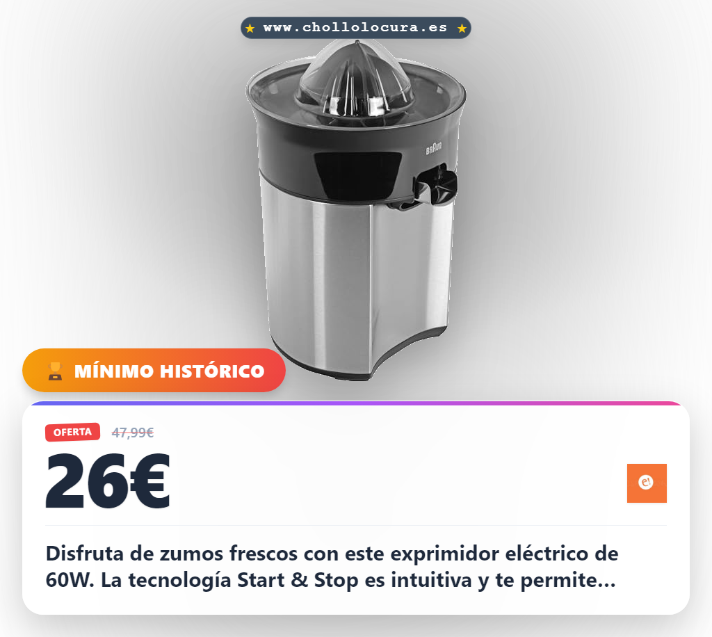 Aprovecha el exprimidor eléctrico Braun TributeCollection CJ 5050 BK con tecnología Start & Stop y 60W en oferta