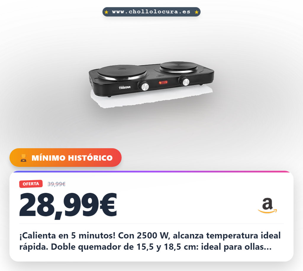 Placa de cocina pórtatil Tristar - Doble quemador - Para alojamiento de estudiantes, camping, cocina americana - 15,5 y 18,5 cm de diámetro - Termostato regulable - 2 500 W - KP-6152