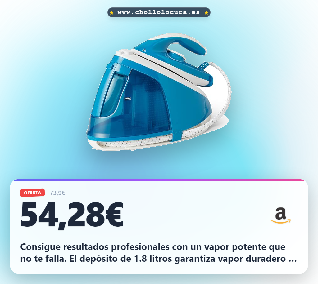 Aprovecha esta plancha con generador de vapor de 6 bares y depósito de 1.8L a precio de chollo. Potencia 240W para ropa profesional.