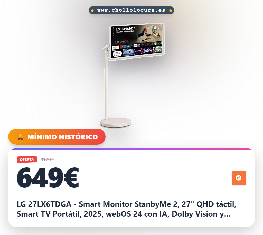 LG 27LX6TDGA - Smart Monitor StanbyMe 2, 27" QHD táctil, Smart TV Portátil, 2025, webOS 24 con IA, Dolby Vision y Dolby Atmos, 4h Batería, Peana con Ruedas, Portal Gaming, Beige