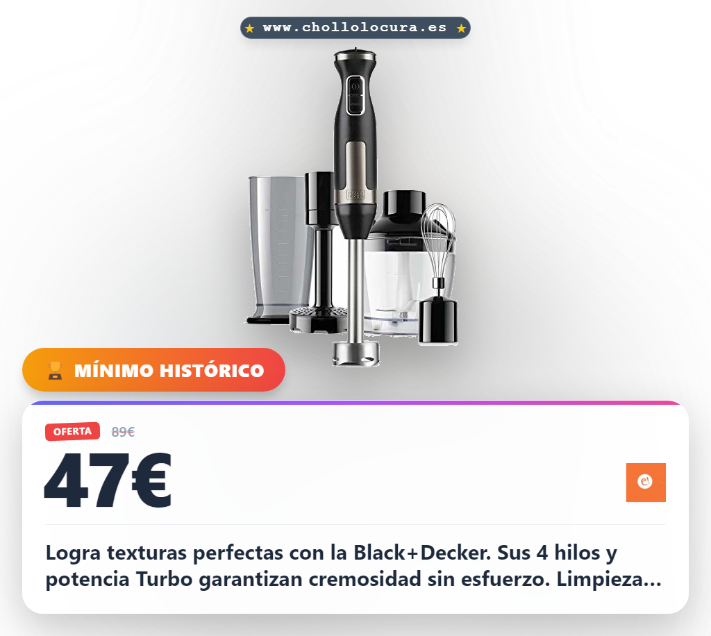 Disfruta de la Batidora de mano Black+Decker 1500W con Turbo y accesorios en acero inoxidable a precio de chollo.