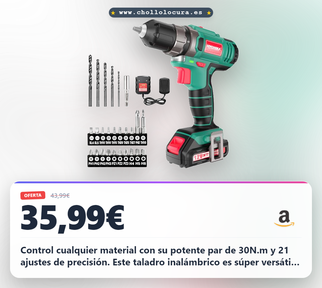 Aprovecha este taladro atornillador inalámbrico HYCHIKA 12V con 30N.m de par y 27 accesorios en oferta histórica en España.