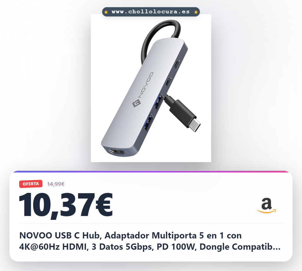 NOVOO USB C Hub, Adaptador Multiporta 5 en 1 con 4K@60Hz HDMI, 3 Datos 5Gbps, PD 100W, Dongle Compatible para MacBook M3/Surface/XPS/Chromebook/iPhone 16/Steam Deck