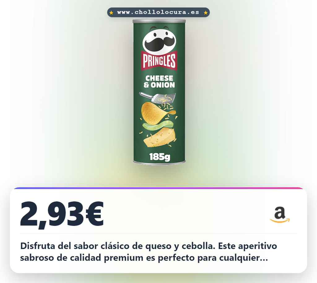 Consigue los Pringles queso y cebolla 185g con tubo resellable. Disfruta este aperitivo en oferta.