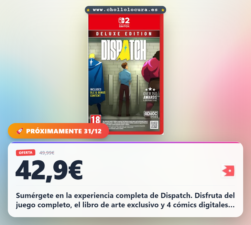Sumérgete en la experiencia completa de Dispatch. Disfruta del juego completo, el libro de arte exclusivo y 4 cómics digitales. Incluye el código de la banda sonora original para una inmersión total. ¡Consigue esta edición Deluxe y sé el mejor fan!
