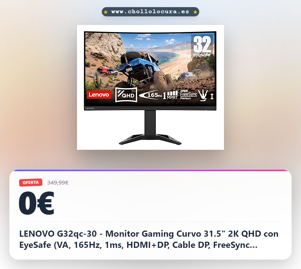 LENOVO G32qc-30 - Monitor Gaming Curvo 31.5" 2K QHD con EyeSafe (VA, 165Hz, 1ms, HDMI+DP, Cable DP, FreeSync Premium, Altavoces) Ajuste de inclinación/Altura - Negro