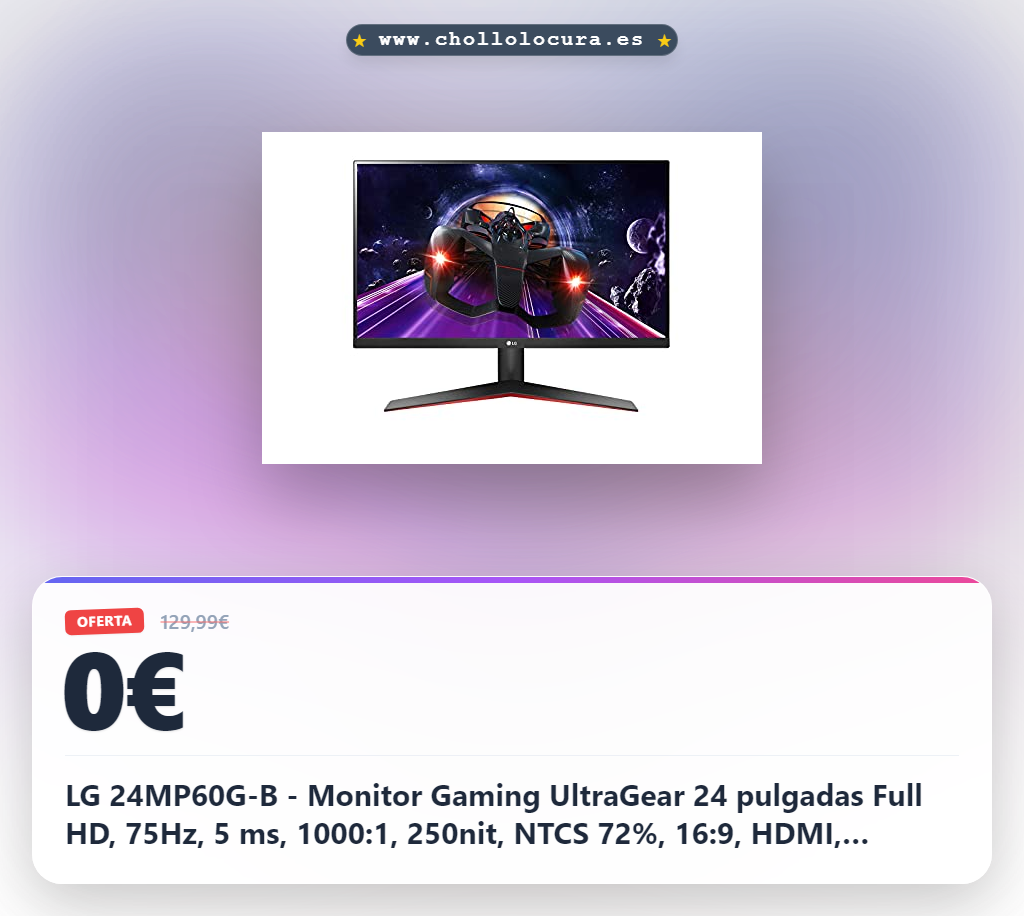LG 24MP60G-B - Monitor Gaming UltraGear 24 pulgadas Full HD, 75Hz, 5 ms, 1000:1, 250nit, NTCS 72%, 16:9, HDMI, DisplayPort, Tecnología AMD FreeSync, Conectividad Universal, Color Negro