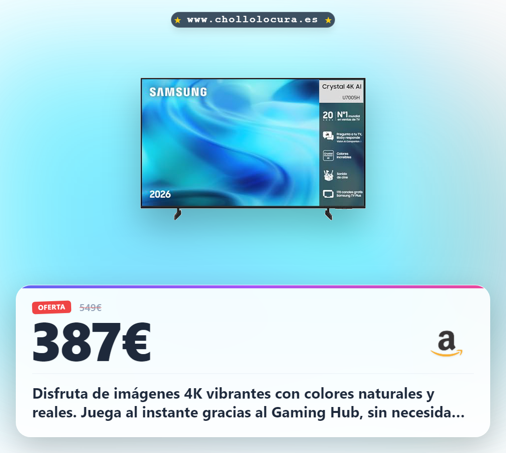 Aprovecha este Samsung TV Crystal 4K 55" Smart con IA y Gaming Hub. Disfruta de colores reales y sonido inmersivo