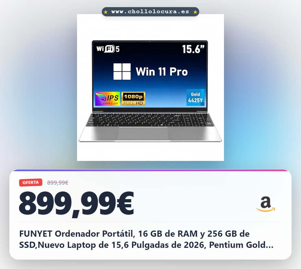 FUNYET Ordenador Portátil, 16 GB de RAM y 256 GB de SSD,Nuevo Laptop de 15,6 Pulgadas de 2026, Pentium Gold 4425Y Portátil,IPS FHD 1920 x 1080 Notebook,5000 mAh，Teclado numérico，WiFi5