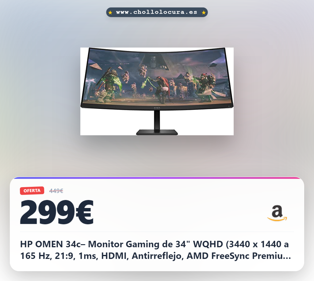 HP OMEN 34c– Monitor Gaming de 34" WQHD (3440 x 1440 a 165 Hz, 21:9, 1ms, HDMI, Antirreflejo, AMD FreeSync Premium, Compatible con Consolas, 1500R, Altavoces, Altura e inclinación Ajustable) Negro