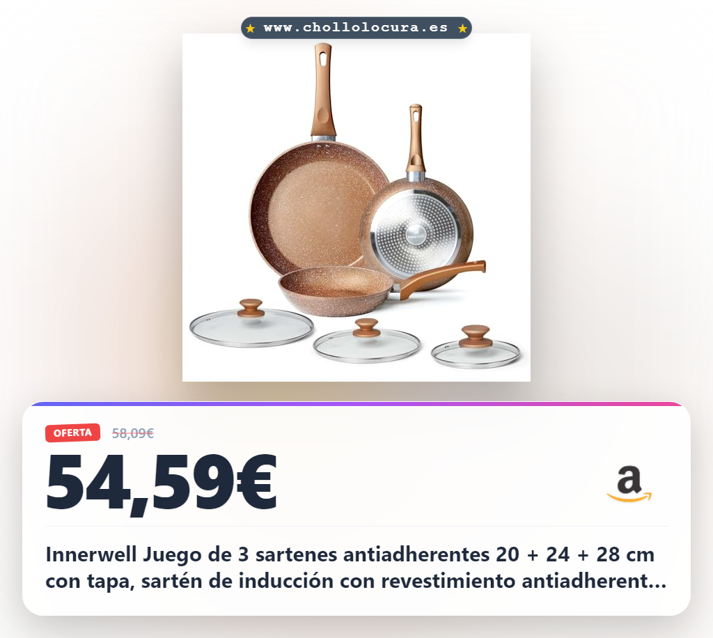 Innerwell Juego de 3 sartenes antiadherentes 20 + 24 + 28 cm con tapa, sartén de inducción con revestimiento antiadherente cerámico, sin PFOA, apto para horno y lavavajillas, Marrón