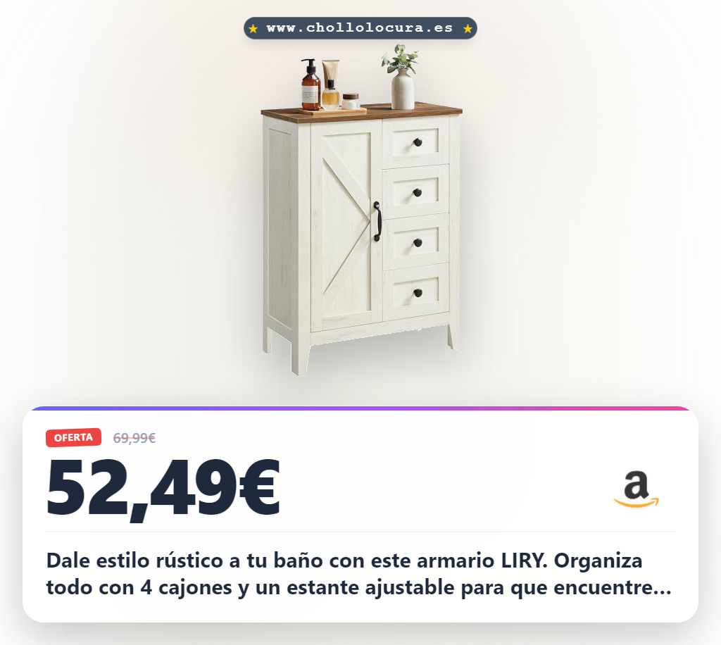 Dale estilo rústico a tu baño con este armario LIRY. Organiza todo con 4 cajones y un estante ajustable para que encuentres lo que buscas fácilmente. Su construcción robusta te garantiza durabilidad y un espacio perfecto para tus artículos de tocador.