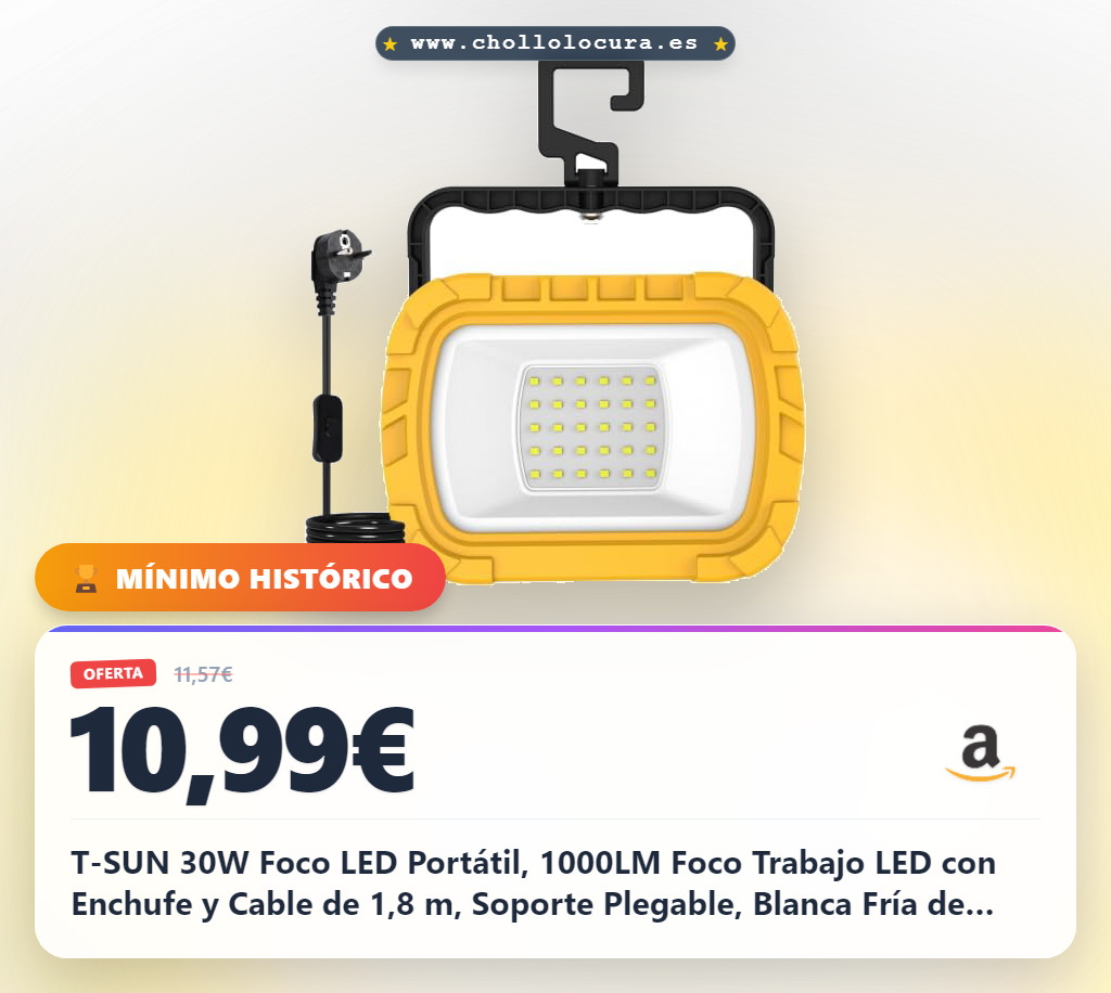 T-SUN 30W Foco LED Portátil, 1000LM Foco Trabajo LED con Enchufe y Cable de 1,8 m, Soporte Plegable, Blanca Fría de 6500K, Luz de Trabajo Impermeable para Garajes, Talleres y Obras- 1 Piezas