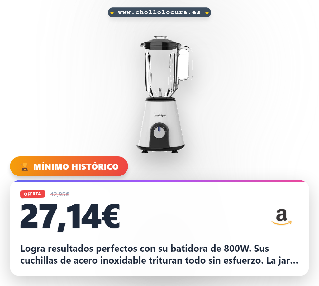 Aprovecha esta batidora de vaso 800W con vaso de cristal y acero inoxidable en oferta histórica