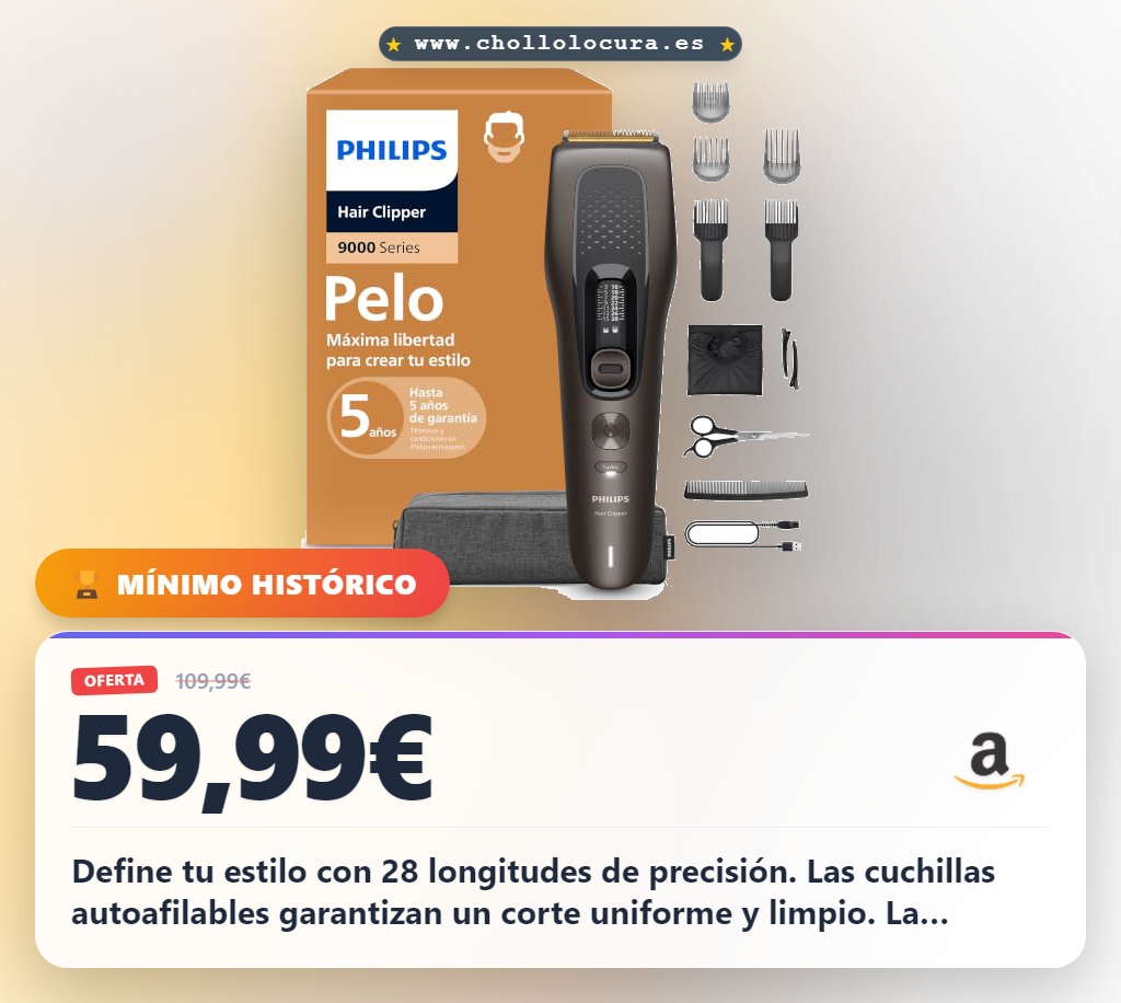 Consigue el cortapelos Philips Serie 9000 con cuchillas autoafilables y 28 longitudes a precio de chollo para un corte perfecto en casa.