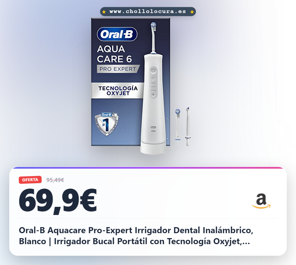 Oral-B Aquacare Pro-Expert Irrigador Dental Inalámbrico, Blanco | Irrigador Bucal Portátil con Tecnología Oxyjet, Limpiador Interdental con 3 Modos de Intensidad, Suave con Dientes y Encías
