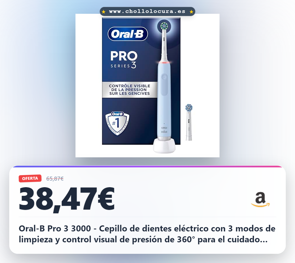 Oral-B Pro 3 3000 - Cepillo de dientes eléctrico con 3 modos de limpieza y control visual de presión de 360° para el cuidado dental, 2 cepillos de pinza, diseñado por marrón, azul