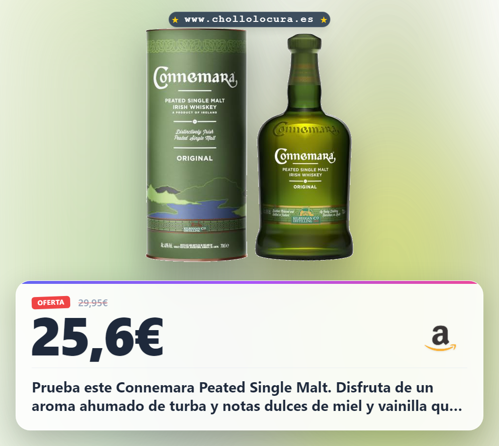 Llévate el Connemara Peated Single Malt Irlandés de 40% y 12 años en oferta histórica al mejor precio del año.