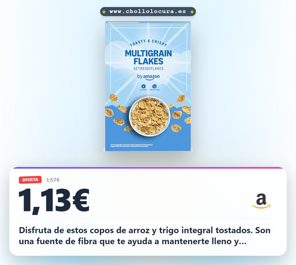 Consigue las Hojuelas Multicereales de arroz y trigo integral con fibra en oferta histórica al mejor precio para ti.