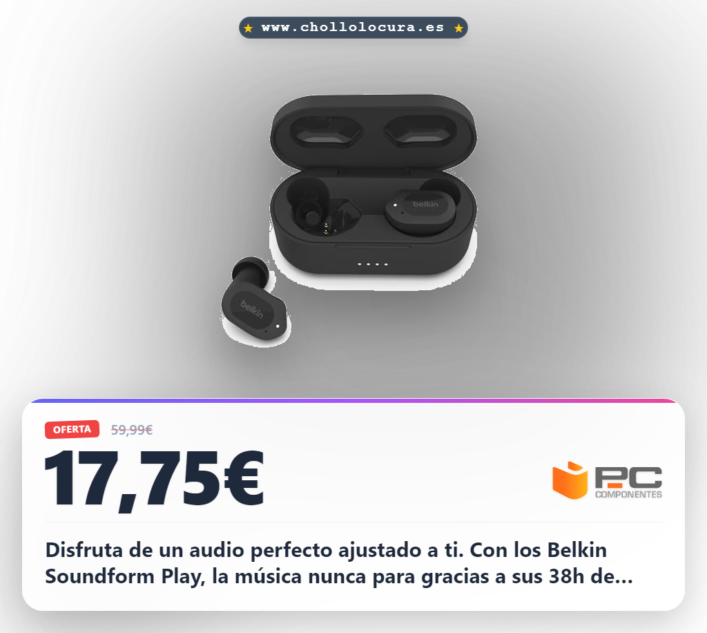 Aprovecha los auriculares Belkin SOUNDFORM Play True Wireless con IPX5 y 38h de batería al mejor precio