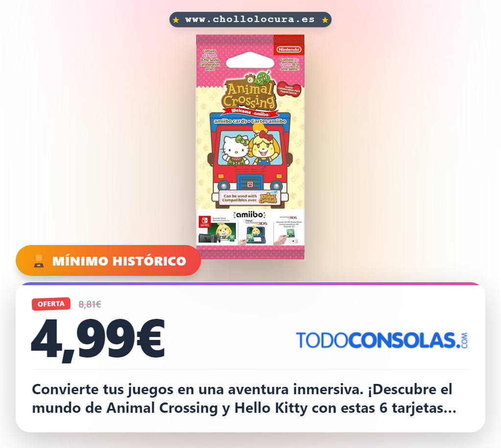 Aprovecha este pack de 6 tarjetas Amiibo Animal Crossing y Hello Kitty para Nintendo Switch y Wii U