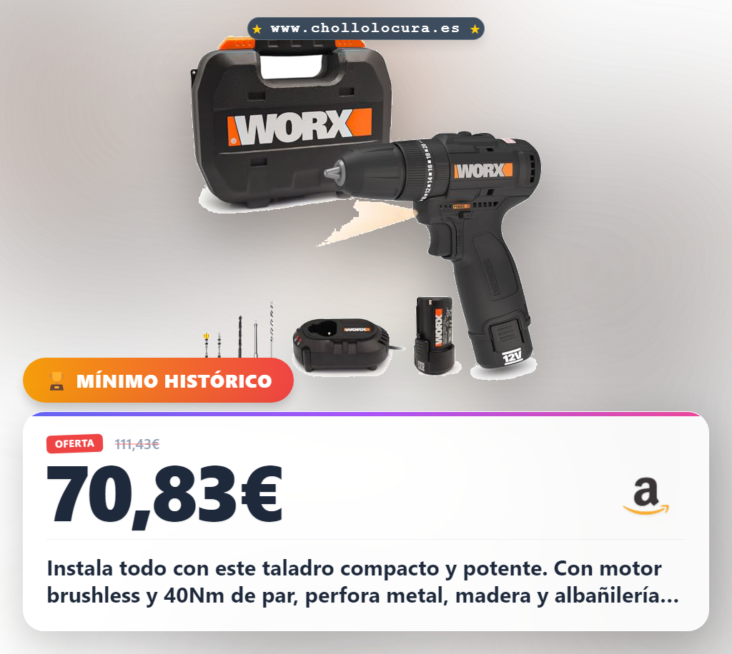 Consigue el taladro percutor WORX WX121 12V Brushless compacto con 3 funciones y 2 baterías en oferta