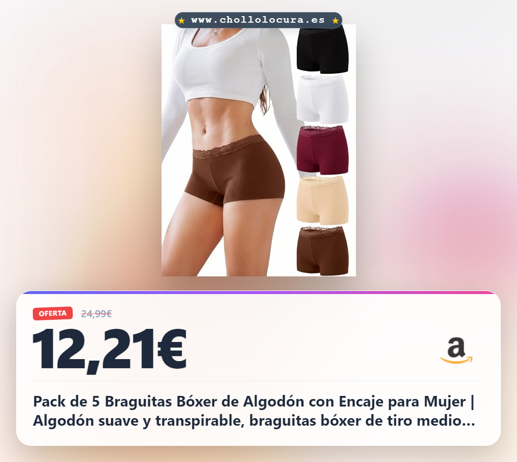 Pack de 5 Braguitas Bóxer de Algodón con Encaje para Mujer | Algodón suave y transpirable, braguitas bóxer de tiro medio con buena cobertura y encaje delicado para uso diario y viajes.