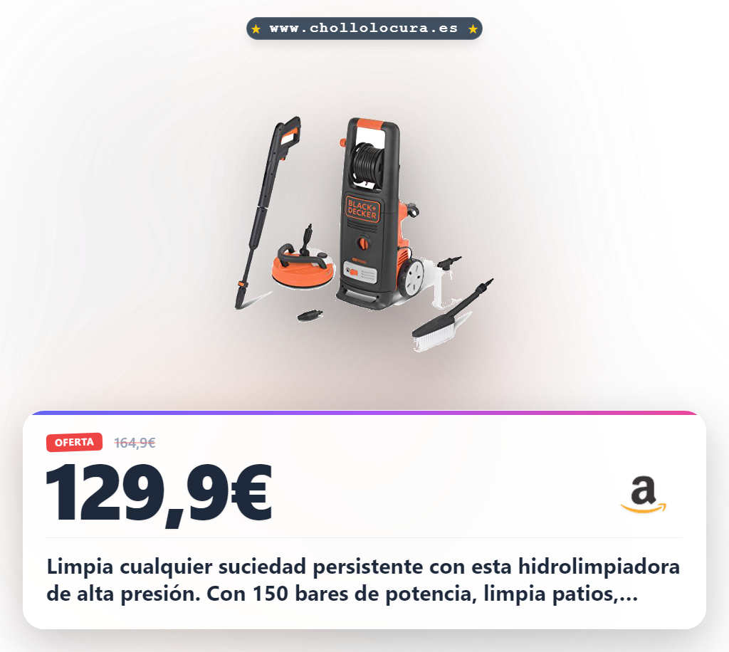 Aprovecha esta hidrolimpiadora de alta presión de 150 bares para una limpieza máxima en oferta. Incluye patio cleaner y 8 accesorios