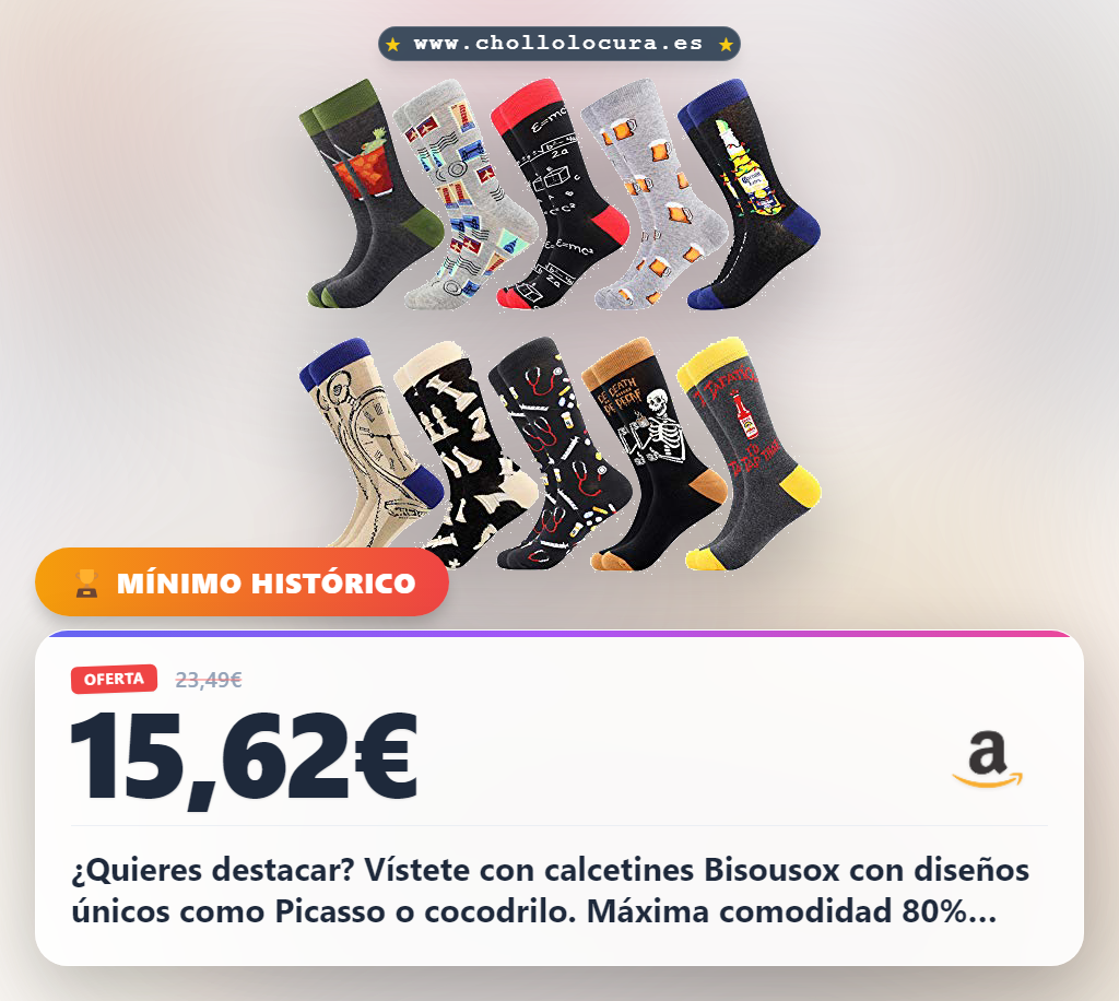 Aprovecha los calcetines BISOUSOX para hombre con diseños únicos como Picasso y cocodrilo, 80% algodón, talla 39-46 al mejor precio.
