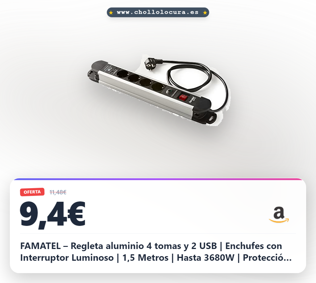 Aprovecha la regleta de aluminio con 4 tomas y 2 USB con protección infantil al mejor precio de oferta