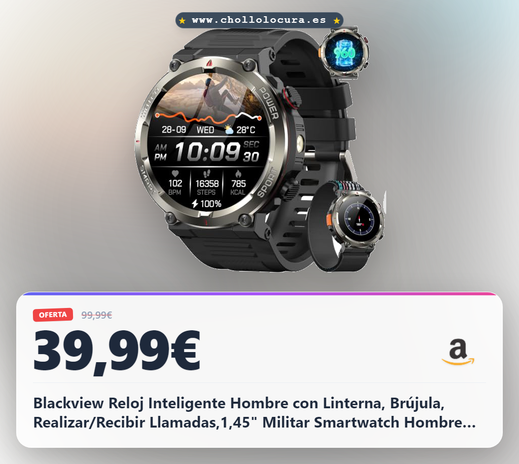 Blackview Reloj Inteligente Hombre con Linterna, Brújula, Realizar/Recibir Llamadas,1,45" Militar Smartwatch Hombre Pulsómetro, Oxímetro,Sueño, Pulsera Actividad 100+ Modos Deportivos, Podómetro,Negro