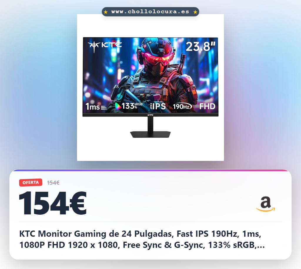 KTC Monitor Gaming de 24 Pulgadas, Fast IPS 190Hz, 1ms, 1080P FHD 1920 x 1080, Free Sync & G-Sync, 133% sRGB, HDR10, reducción de luz Azul, VESA, 2 x HDMI2.0, 2 x DP1.4, H24F8
