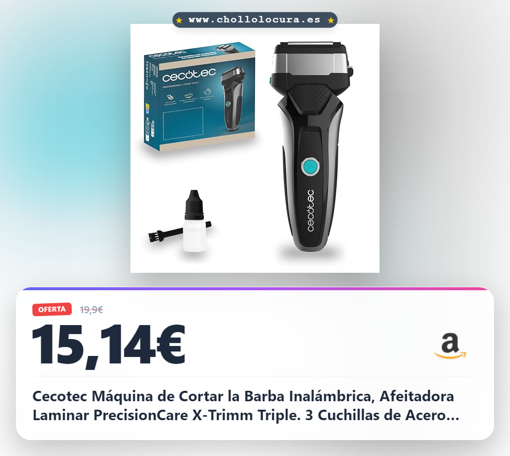Cecotec Máquina de Cortar la Barba Inalámbrica, Afeitadora Laminar PrecisionCare X-Trimm Triple. 3 Cuchillas de Acero Inoxidable, Pantalla, Autonomía de 60mins, Protección IPX6