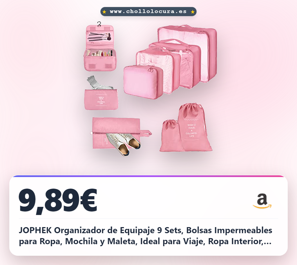JOPHEK Organizador de Equipaje 9 Sets, Bolsas Impermeables para Ropa, Mochila y Maleta, Ideal para Viaje, Ropa Interior, Zapatos y Cosméticos, Color Rosa