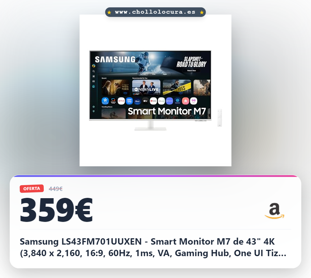 Samsung LS43FM701UUXEN - Smart Monitor M7 de 43" 4K (3,840 x 2,160, 16:9, 60Hz, 1ms, VA, Gaming Hub, One UI Tizen, AI Picture Optimizer, 4K UHD, SmartThings, Knox Security), Negro, Versión 2025
