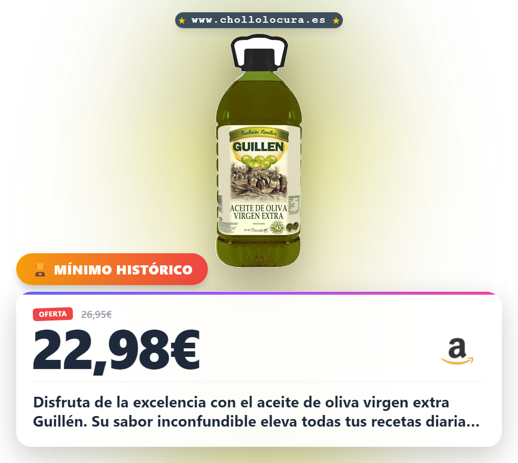 Aprovecha este Aceite de Oliva Virgen Extra Guillén Garrafa 5L al mejor precio de la oferta