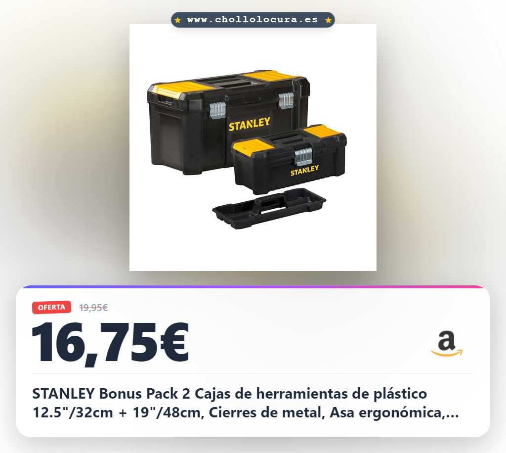 STANLEY Bonus Pack 2 Cajas de herramientas de plástico 12.5"/32cm + 19"/48cm, Cierres de metal, Asa ergonómica, Organizadores integrados en las tapas, STST1-75772
