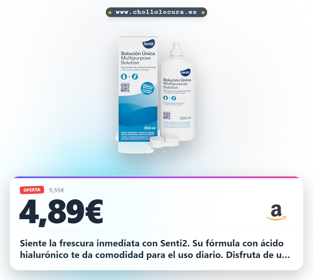 Aprovecha Senti2 solución única para lentes de contacto blandas 500ml. Disfruta de frescura y comodidad al mejor precio