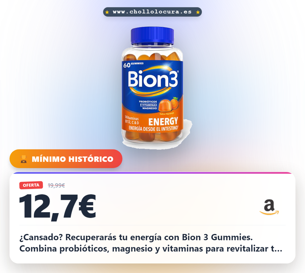 ¿Cansado? Recuperarás tu energía con Bion 3 Gummies. Combina probióticos, magnesio y vitaminas para revitalizar tu cuerpo y cuidar tu intestino. ¡Vitalidad natural en cada bocado!