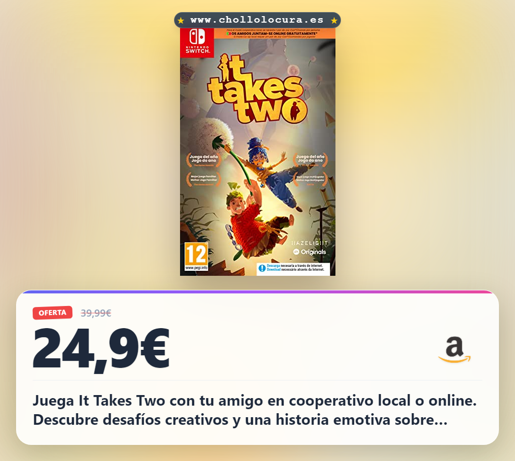Aprovecha It Takes Two en Nintendo Switch para jugar cooperativo local y online al mejor precio de chollo