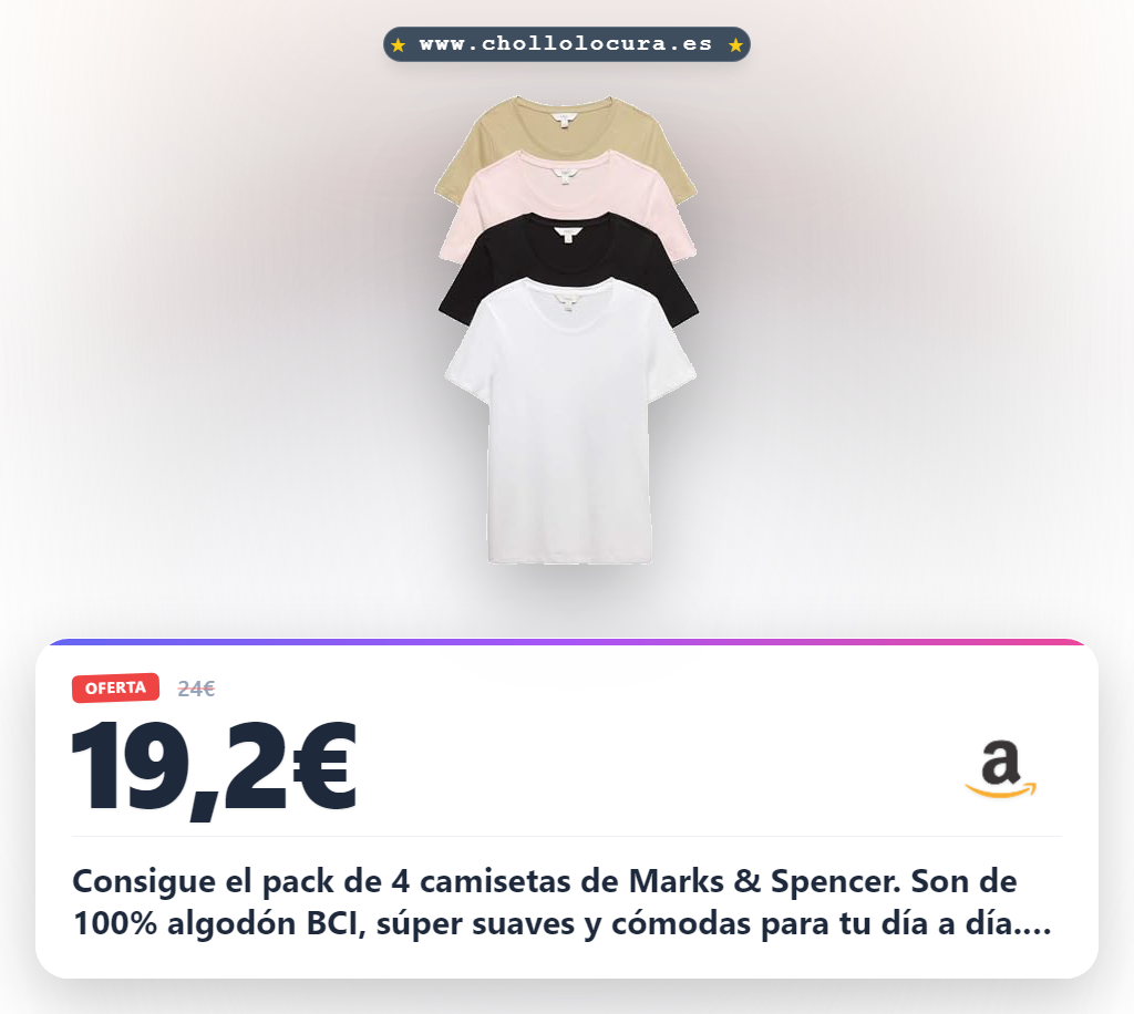 Consigue el pack de 4 camisetas de Marks & Spencer. Son de 100% algodón BCI, súper suaves y cómodas para tu día a día. Su corte ajustado y escote cerrado te dan un estilo clásico que no pasa de moda. Calidad británica que dura y se lava fácil. ¡Ideal para tu armario!
