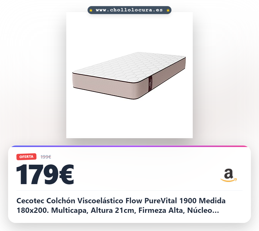 Cecotec Colchón Viscoelástico Flow PureVital 1900 Medida 180x200. Multicapa, Altura 21cm, Firmeza Alta, Núcleo FoamVital, Doble Cara Dual System para Invierno y Verano