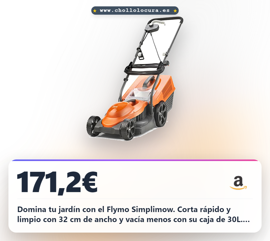 Encuentra el cortacésped eléctrico Flymo Simplimow 1300W con corte de 32cm y caja de 30L en oferta histórica.