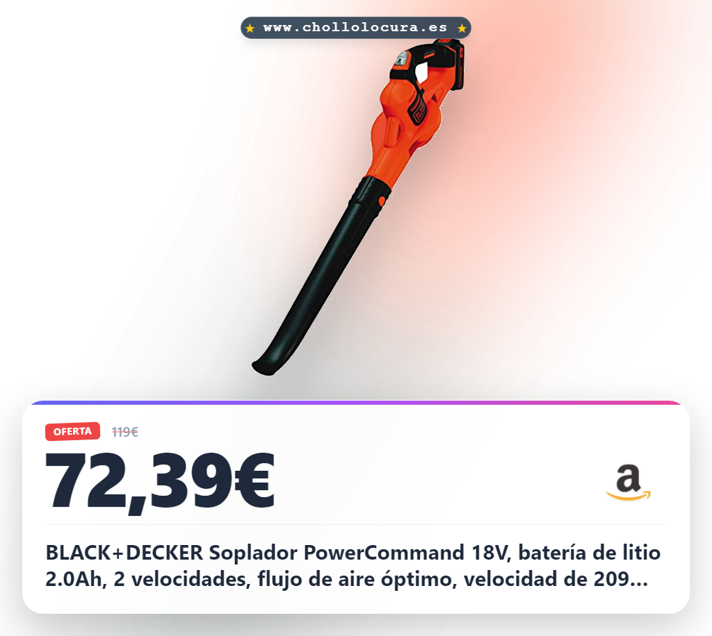 BLACK+DECKER Soplador PowerCommand 18V, batería de litio 2.0Ah, 2 velocidades, flujo de aire óptimo, velocidad de 209 km/h, autonomía 27 min, incluye batería de 2Ah y cargador, GWC1820PC-QW